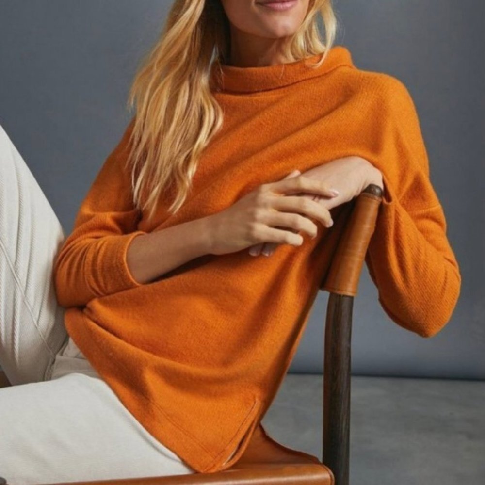 Anthropologie Rib Knit Funnel Neck Sweater Oversized Orange Long‎ Sleeve Boho XS